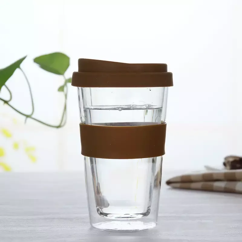 Glass Double Wall Tumbler Mug with Silicone Sealed Lid and Sleeve High Borosilicate Glass Portable cup for Coffee or Boba