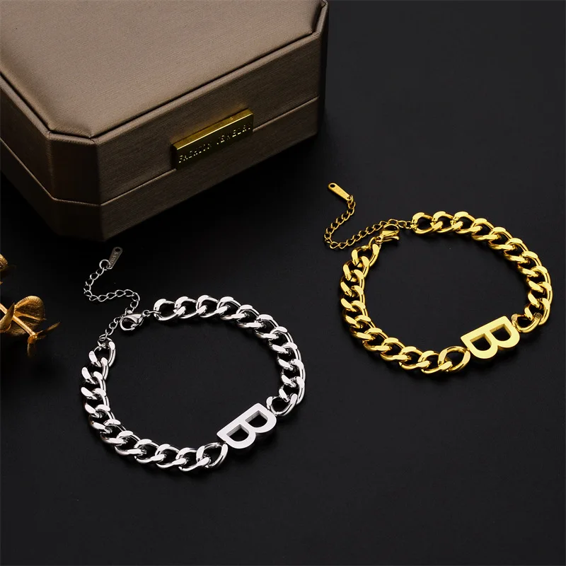Chunky Cuban Chain Titanium Steel Letter B Charm Bracelet 18K Gold Plated Hip Hop Jewelry Bracelet