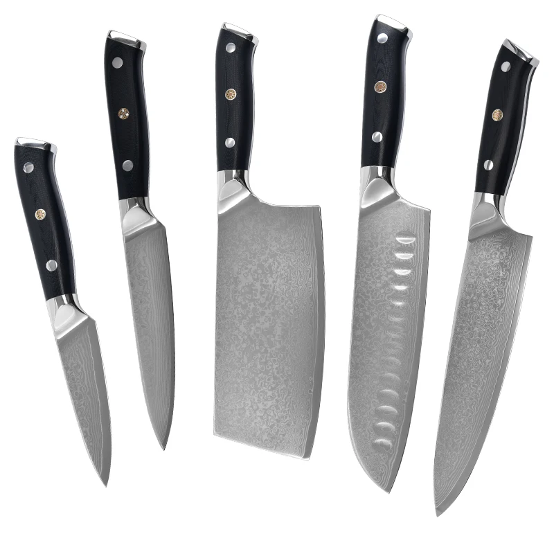 
Damascus carbon steel cleaver kitchen knife set with G10 handle 