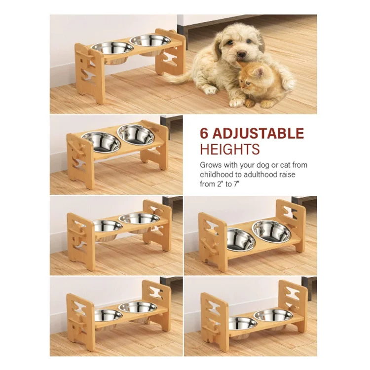 Adjustable Bamboo Wood Raised Small Pet Bowls Elevated Feeder For Dogs Cats Food bowls elevated