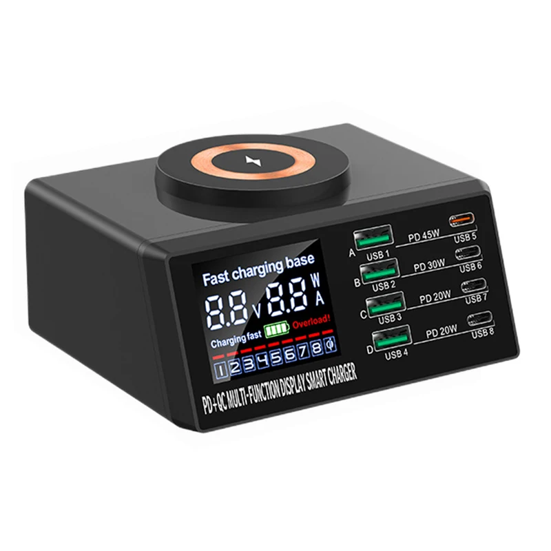 Multi Port USB Charger Station USB C Hub Smart Adapter Wireless Charger Desktop Stand Dock Station Charging Stand With Display