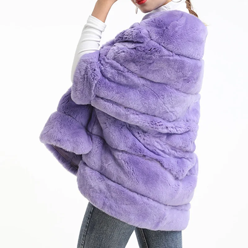 Real rex rabbit fur pullover bat sleeve fur style zipper coats lady fur fashion overcoat