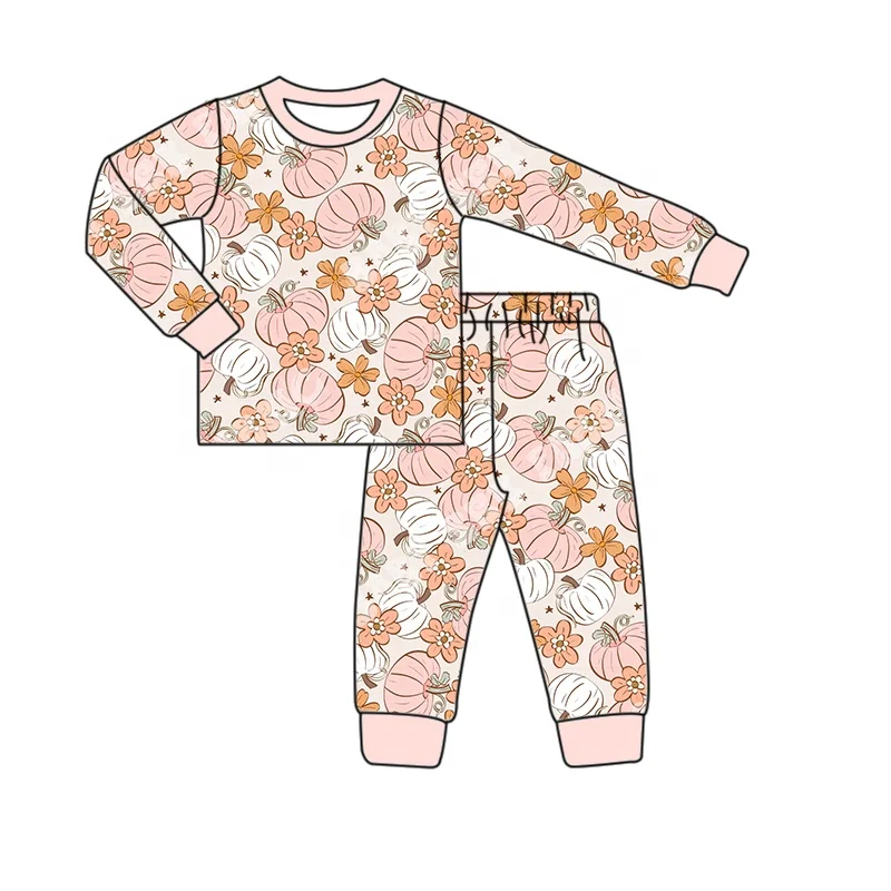 Cute baby outfit children bamboo fiber hazelnut pumpkin print pajama set baby round neck long sleeved two piece set