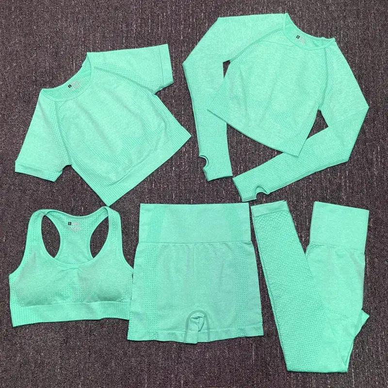 5PCS Seamless Gym Clothing Yoga Outfit Pants Sports Suit Women Workout Gym Fitness Sets Customized Logo Printing Spandex / Nylon