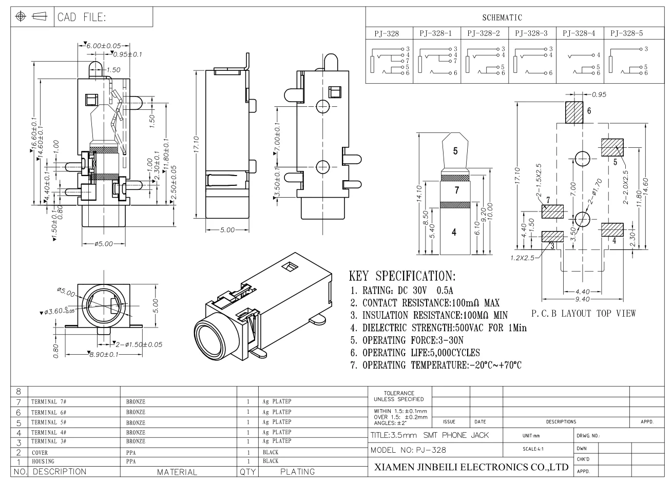 PJ-328-2 SJ-3523-SMT-TR 3.50mm Phone Jack Mini Plug Headphone PJ Stereo 3 Conductor TRS Connector Solder PJ