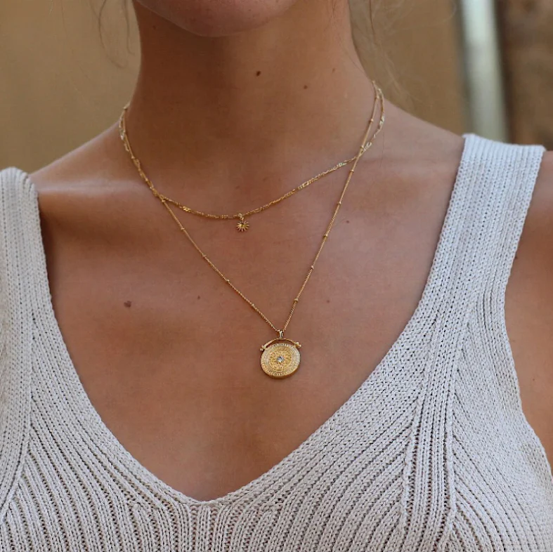  316L из нержавеющей стали ожерелье многослойный 18k золотые ювелирные изделия с Отделом для монет цвета и украшением в виде кристаллов кулон колье женщин изготовлено вручную оптовая