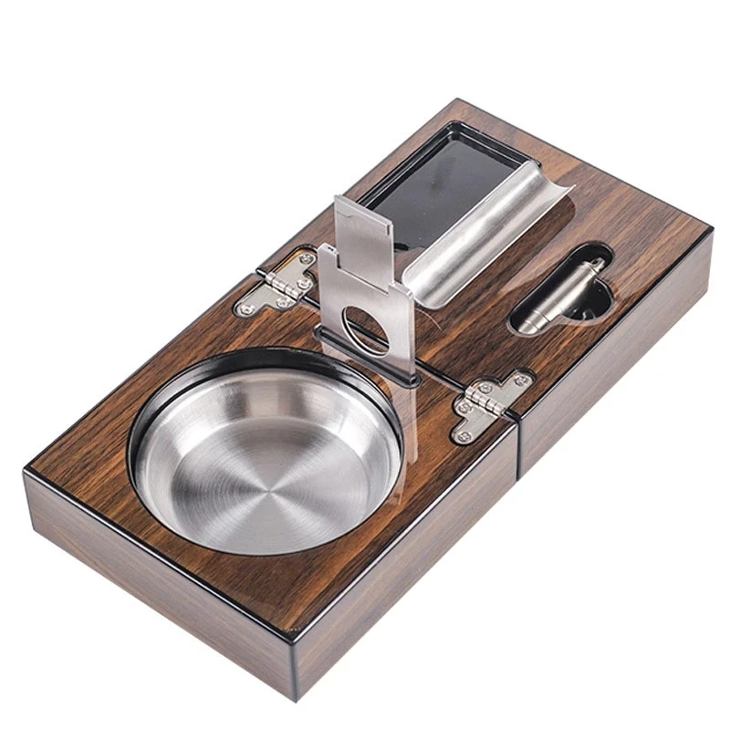 Multifunctional Wood Cigar Ashtray Include Cigar Cutter Holder And Hole Opener Foldable Home Custom Ashtrays