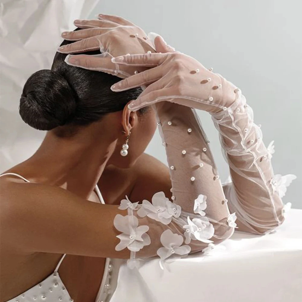 LUOXIN Elegant Women Bachelorette Party Pearls Beaded Elbow Covers Arms Sleeves Long Bride Gloves