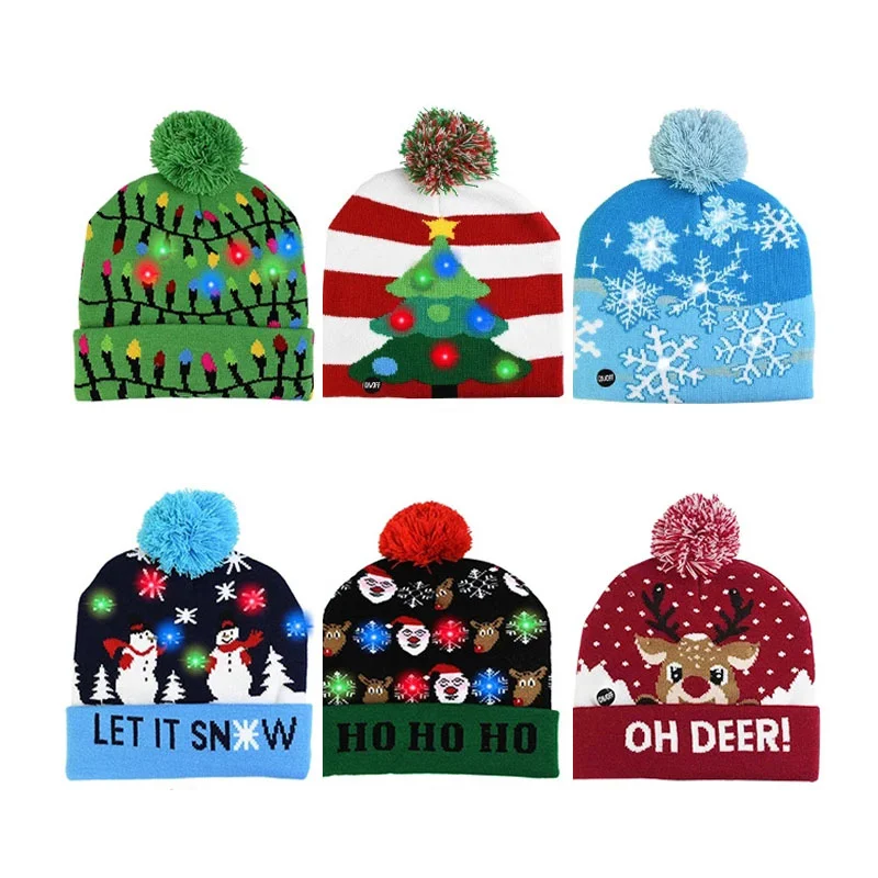 Sweater Christmas Hat Knitted Beanie Christmas Light Up Knitted Hat Christmas Gift for Kids Xmas 2021 New Year Decorations