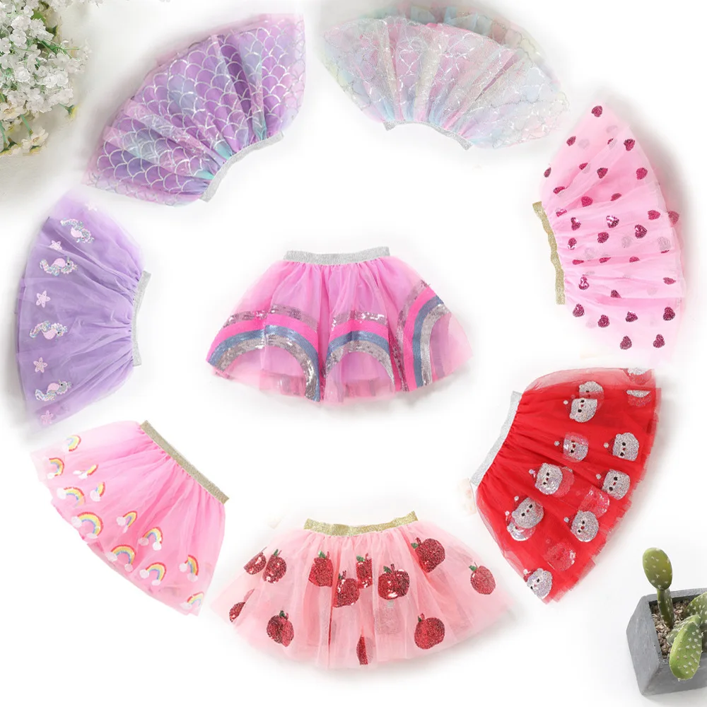 Summer Watermelon Rainbow Sequin Baby Girls Tutu Skirts Pleated Skirt Kids Princess Girls Ballet Tutu Mesh Sequin Skirts