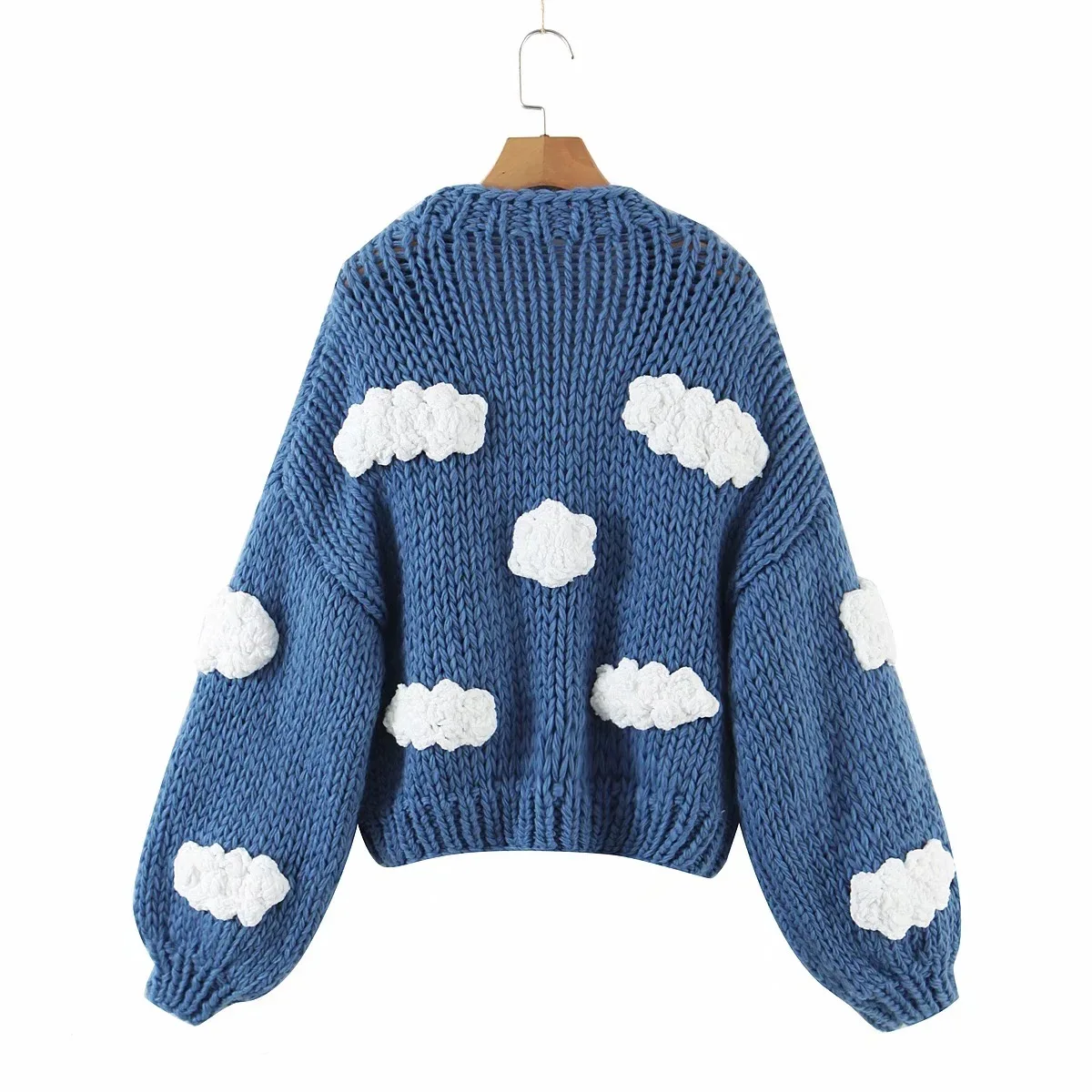 Hand Knit Oversized 3d Cloud Embroidery Casual Cardigan Acrylic Cotton Made Long Sleeve Floral Handmade Women Sweater Winter