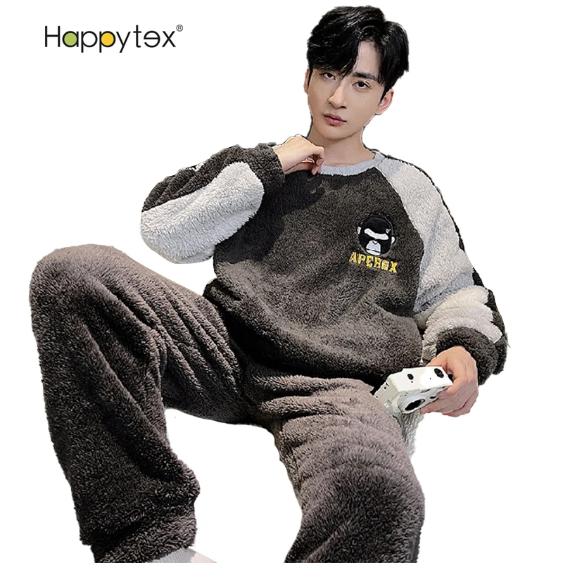 Indoor Home Winter Cute Cartoon Thick Warm Coral Fleece 2 PCS Pajama Set Long Sleeve  Sleepwear for Mens With Large Pockets