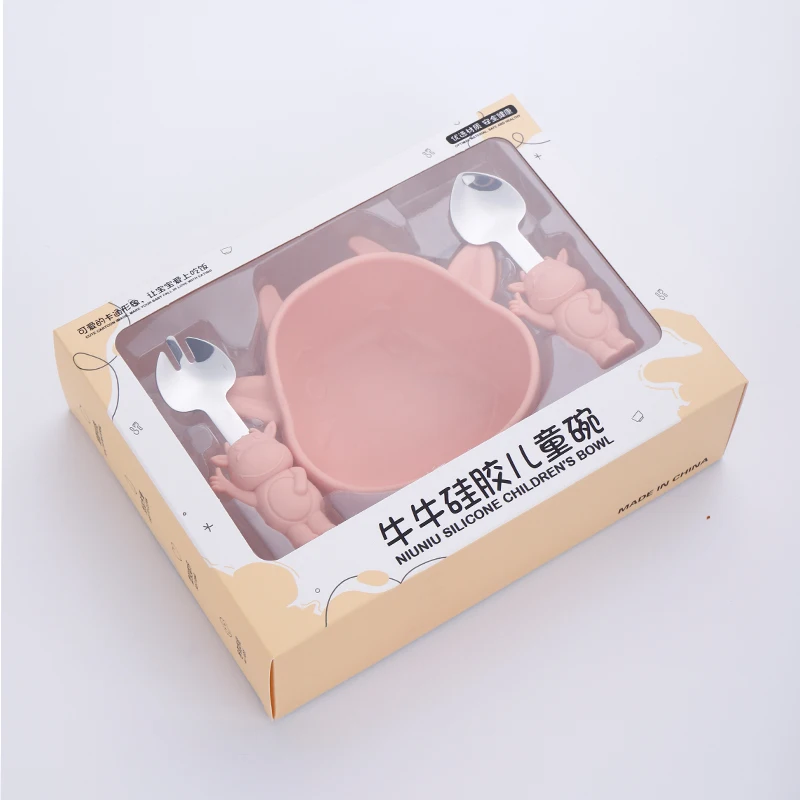BPA Free Safety Cow Shape Trending Baby Eating Plate Fork and Spoon Bowl Baby Supplies Products Silicone Feeding Set