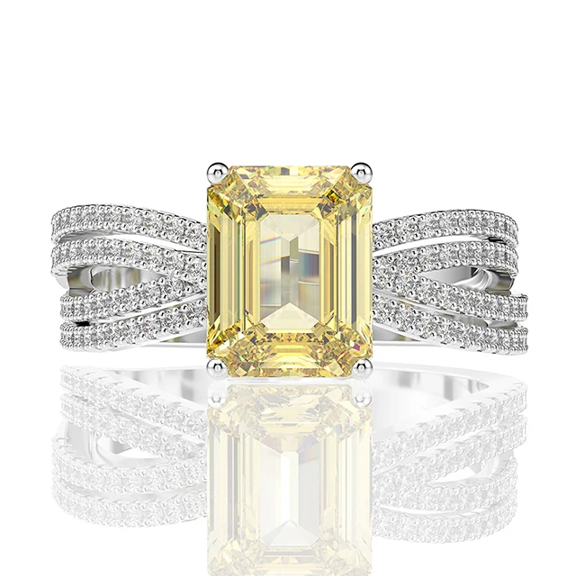 New Classic Jewelry High Polished 925 Silver Yellow CZ Emerald Cut Diamond Rings