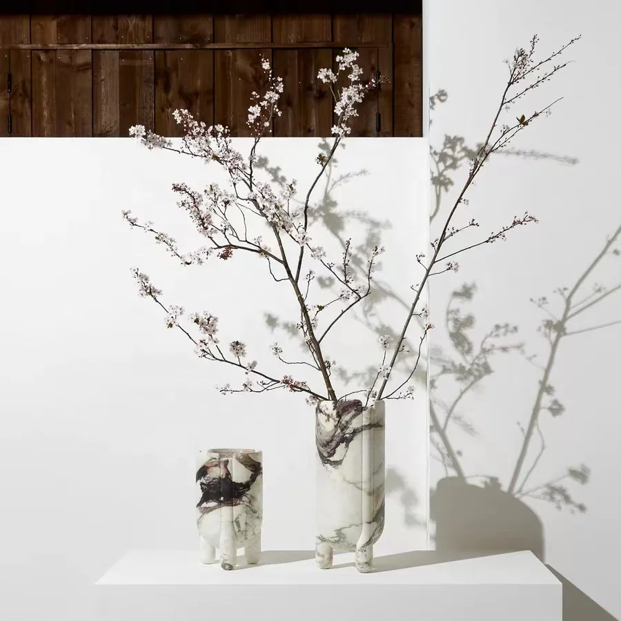 Hand Carved Tall Calacatta Viola Marble Flora Table Vase And Flower Pot Honed Surface