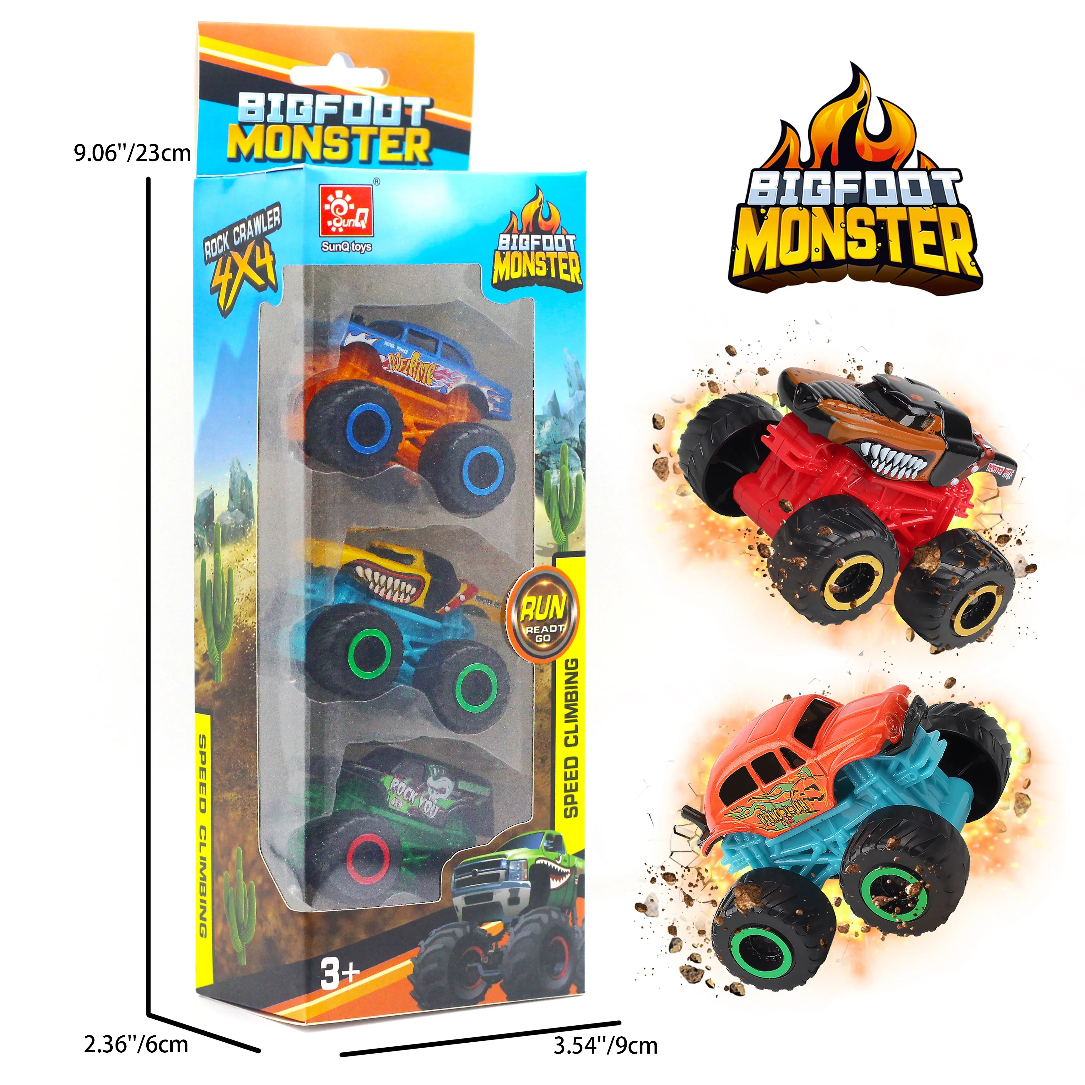 Sunq 2023 New Arrival 3Pcs Big Wheel Monster Truck Toys Set Friction Alloy Toy Cars Vehicles For Kids Best Gift For Boys