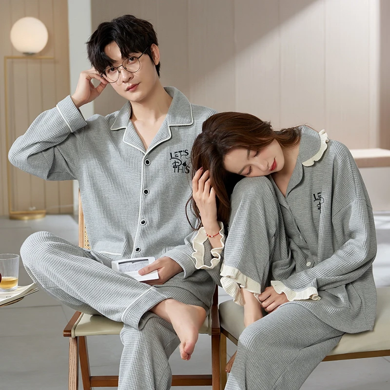 High Quality cotton sleepwear lovers suit 2 pcs Long sleeve home wear leisure pajamas for couple set