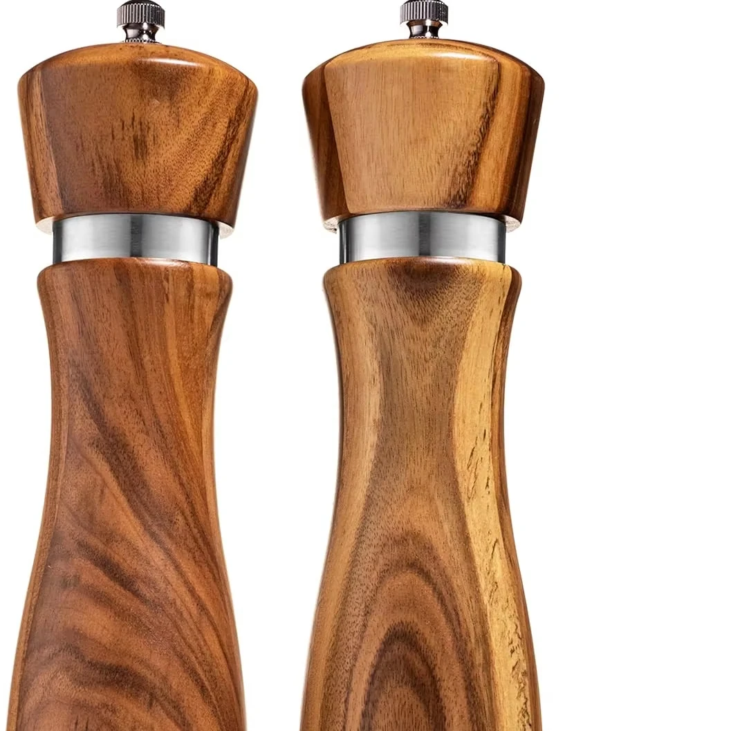 8 inch Acacia wood 2 Pack Salt and Pepper Grinder Set Shakers Wood Salt Shaker with Ceramic/Stainless Steel Core