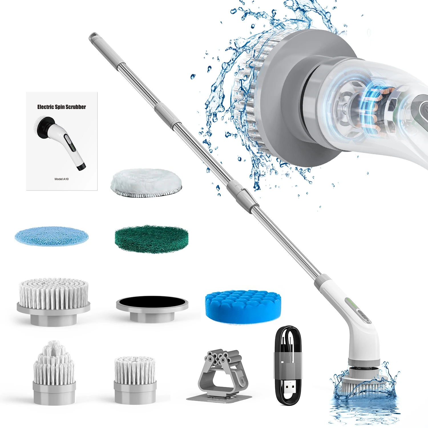 A10 Handle Automatic Rotary Telescopic Cleaning Bathroom Brush Wireless Electric Toilets Household Floor Scrubber with 7 in 1
