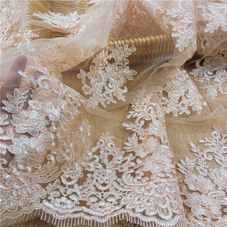 hot sale polyester embroidered flower tulle mesh lace fabric for women wedding dress