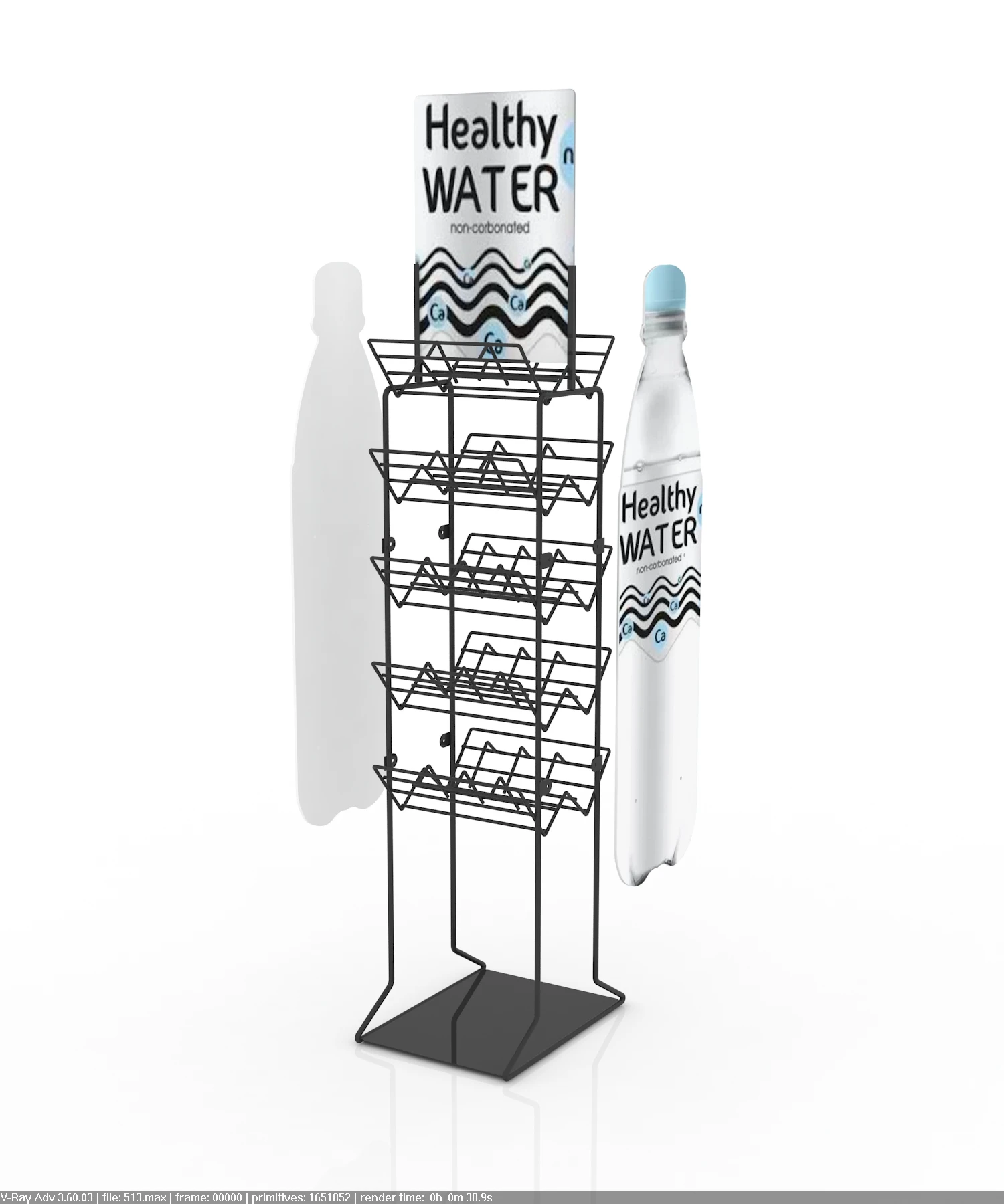 Custom bottled or pure water display stand & metal floor-standing water display rack in shopping malls and supermarkets.