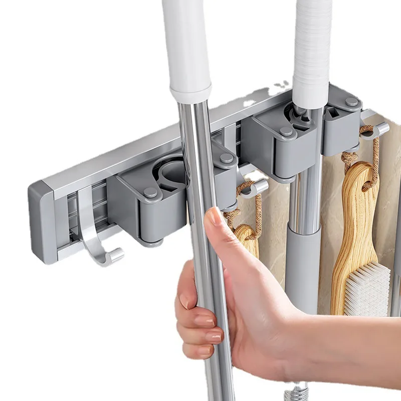 Multi-Functional Gray Broom Storage Holders with  Aluminum Wall Mount Mop Racks