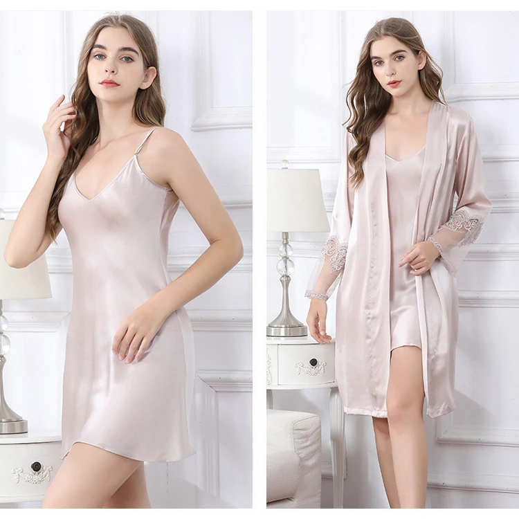 Wholesale women 100% silk nightgown luxury two piece mulberry silk slip dress and robe set