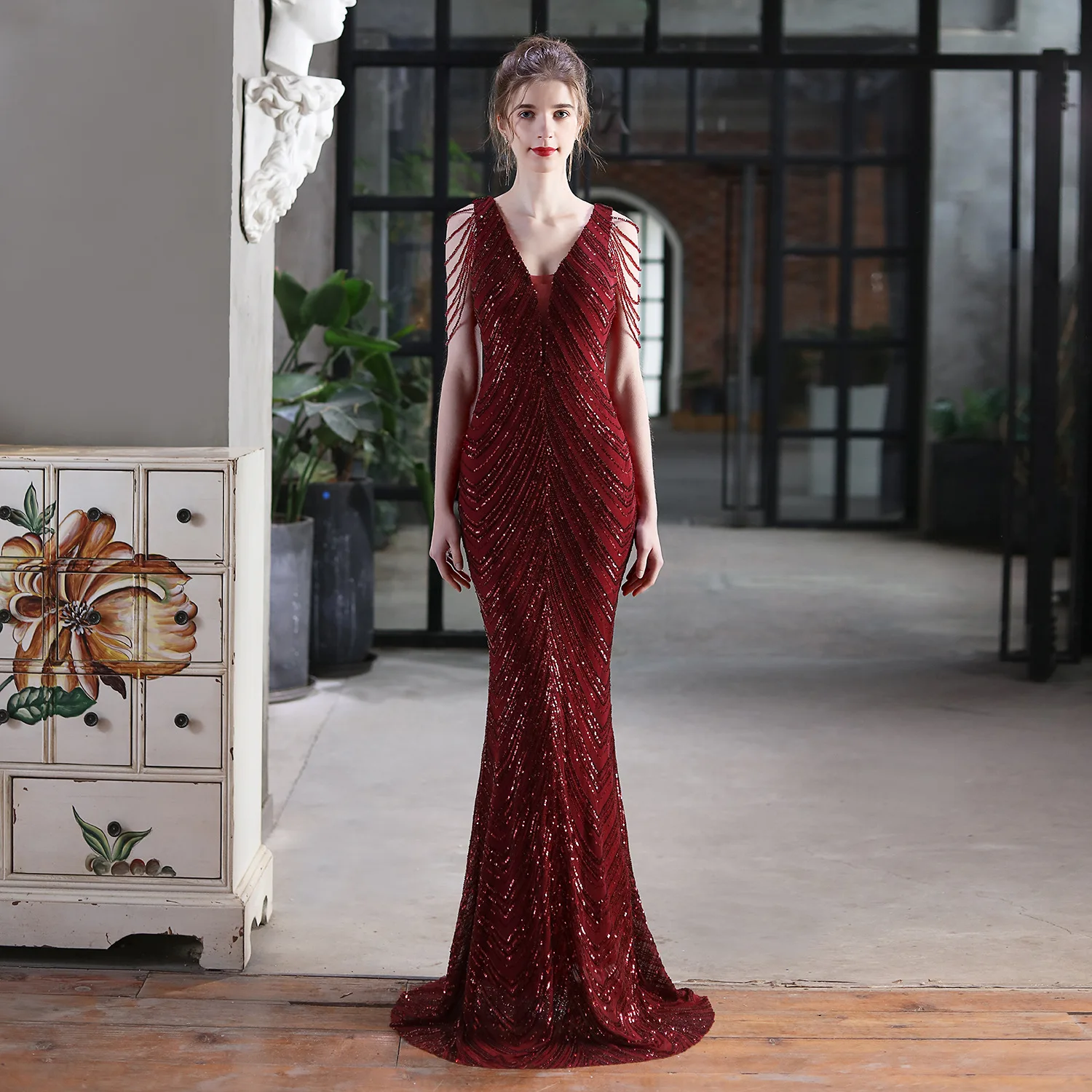 2021 new sequined fishtail long dress performance net celebrity event banquet etiquette evening dress