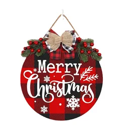 Christmas Round Wooden Door Wreath Sign Welcome Artificial Leaf Bow Decoration Holiday Front Door And Window Decoration Hanging