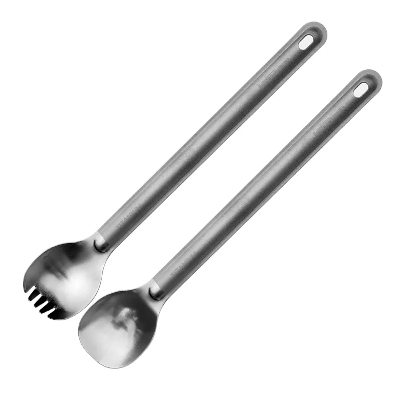 Outdoor Camping New Pure Long Handle Titanium Backpacking Spoon Tableware Soup Rice Spoon Sandblasted Fork Spoon