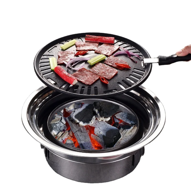 Household Commercial Stainless Steel Korean Charcoal Barbecue Grill Round Portable Outdoor Camping Smokeless