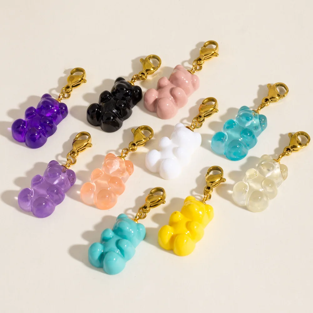 Candy Color Cartoon Resin Gummy Bear Pendant Sweet Cute Bear Charm with Stainless Steel Lobster Clasp for Keychain DIY Jewelry