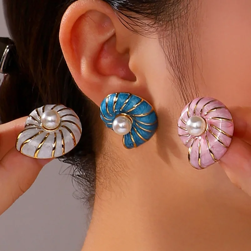Vacation Ocean Style Fashion Conch Colored Enamel Earrings  Retro Waterproof Stainless Steel Earrings Idea Vacation Jewelry