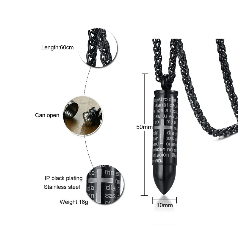
Men openning urn Stainless steel bullet necklace holy bible cross pendant 
