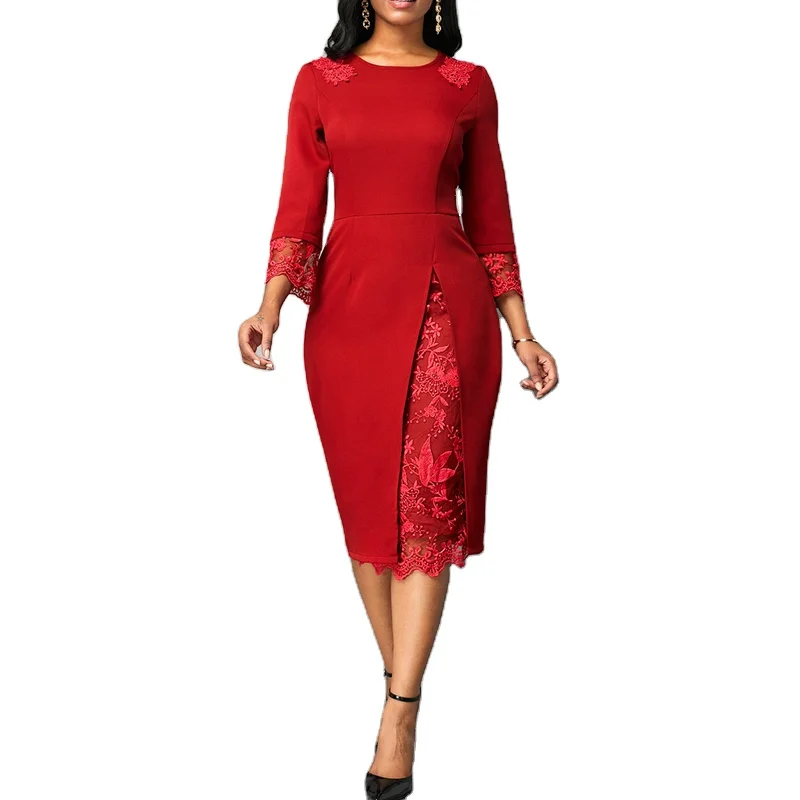 Visualize 2021 Red O Neck Petal Sleeve Lace Patchwork Slim Big Size Lady Career Dress mother of the bride clothing evening dress