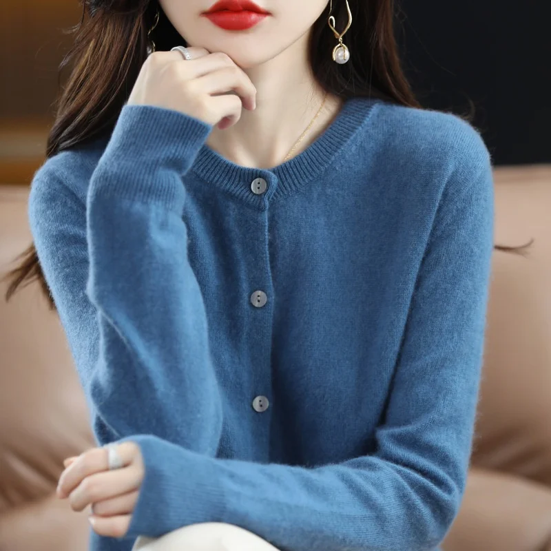 Wholesale 15color options knitted cardigan Cash feel like crewneck sweater cardigan women long sleeve solid color coat for women