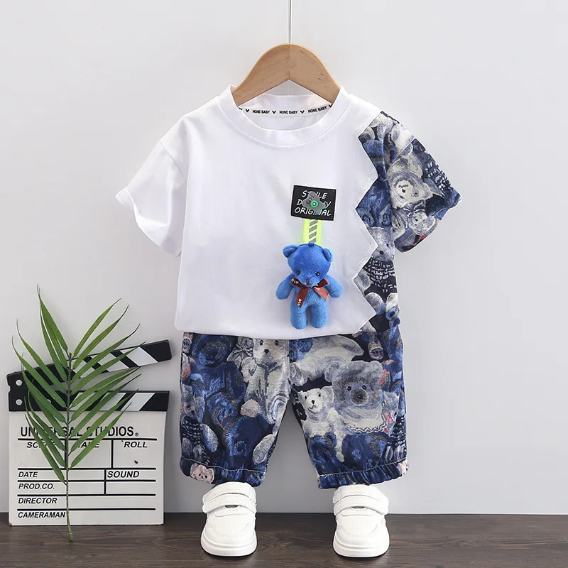Summer Kids Clothing Bear Decor Toddler Boys Casual Two Piece Painted Outfit Set 0-5 Years Shorts Children Clothes Sets for Baby
