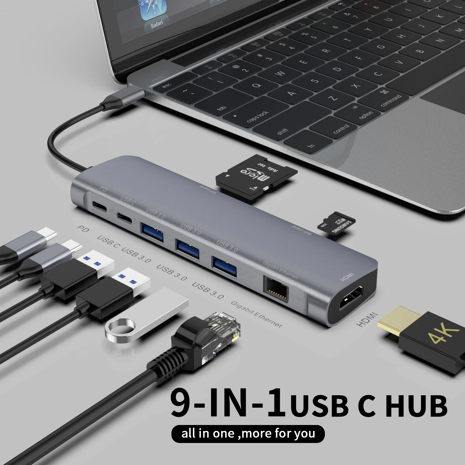 Dropshipping aluminium alloy type c hub usb 3.0 pd hdtv rj45 SD TF adapter 9 in 1 usb c hub with ethernet