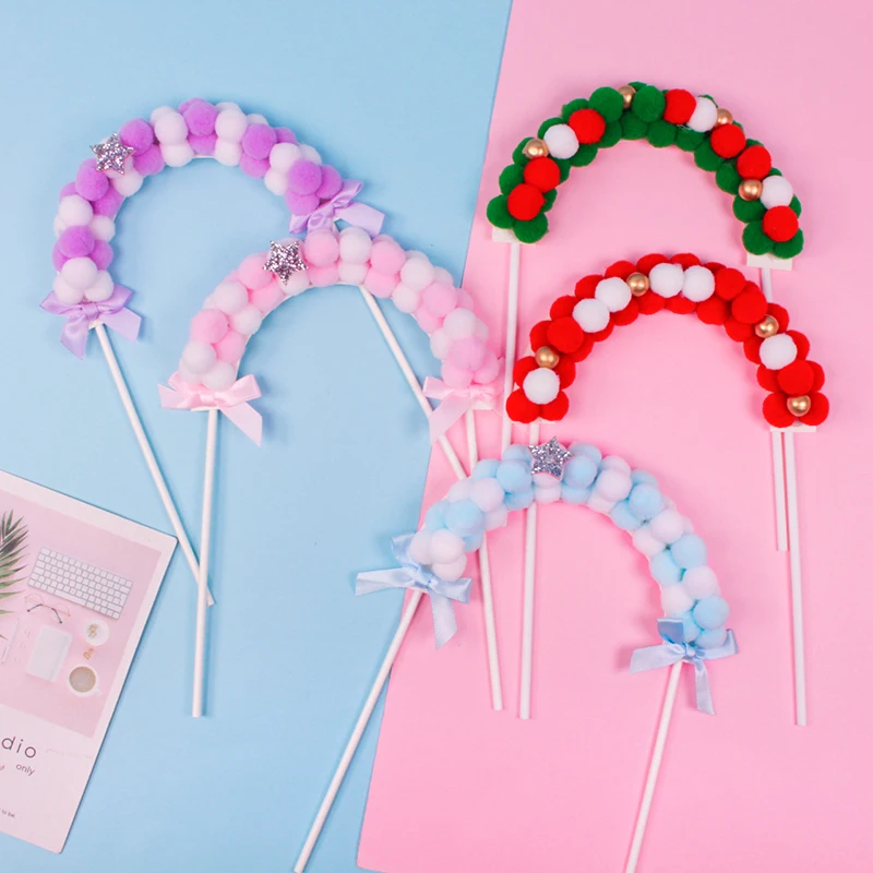 Plush ball arch cake plug-in plush ball rainbow birthday cake decoration accessories baking supplies card and flag