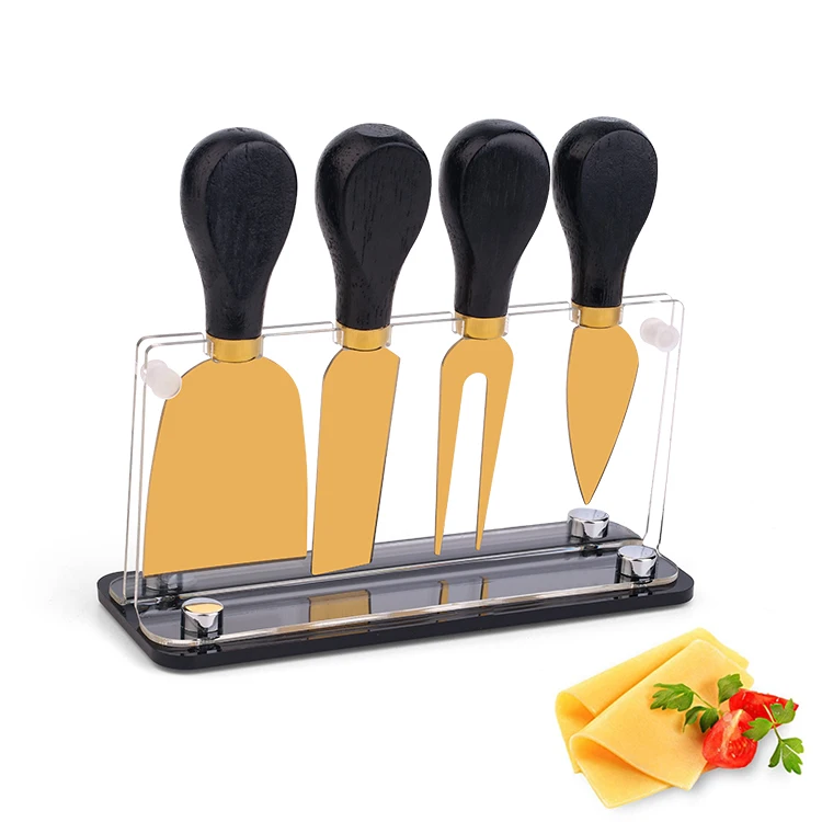 Deluxe  Golden 4-piece stainless steel cheese knives set with acrylic knife board