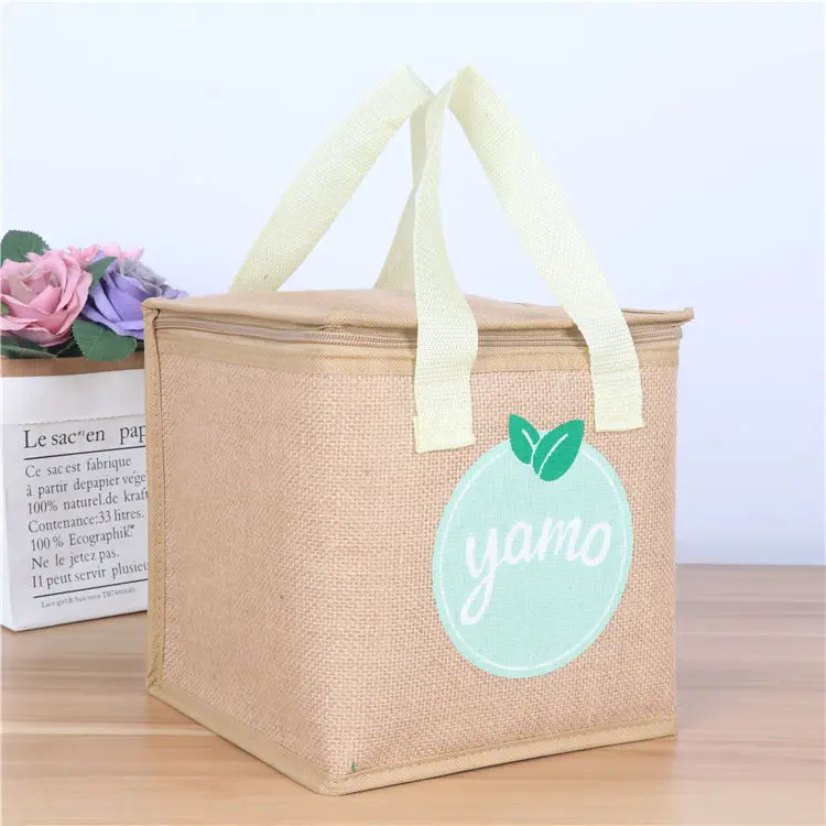 Изолированный кулер из джута и льна с логотипом на заказ, термопакет для продуктов, толстая изоляционная сумка для доставки еды, сумка-холодильник для еды