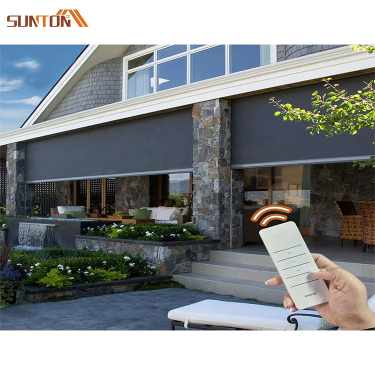 Custom sunshading outdoor sun shading curtain zipped screen rolling shades exterior electric automatic sunshade roller blinds