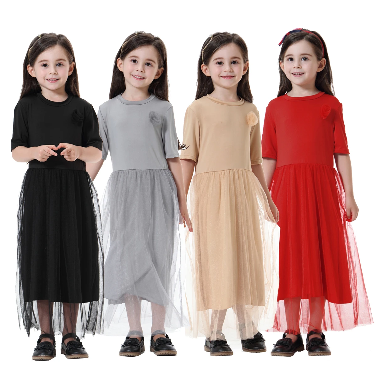 LangChi Indonesia Qatar Malaysia Dubai Abaya Muslim Girls Summer Dress Short Sleeve Islamic Clothing