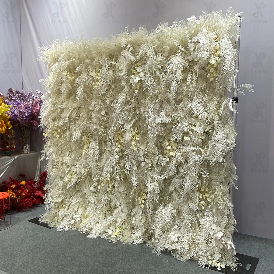 Promise Customized Long Drapery Cream White 3D Hairy Feather Flower Wall With Butterfly Orchid Roll Up Floral Wall