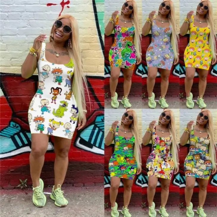 Лидер продаж, Элегантное летнее Повседневное платье без рукавов с мультяшным принтом rugrats, женские платья для девочек