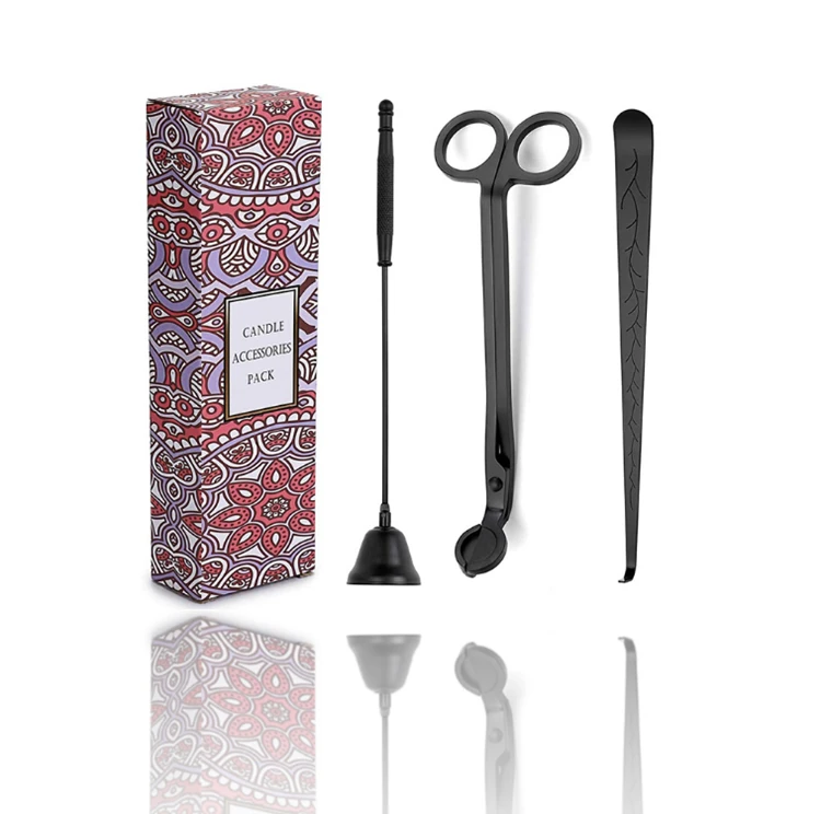 Engraved Logo 4pcs Black Candle Care Kit Wick Dipper Trimmer Tray Set With Velvet Bag