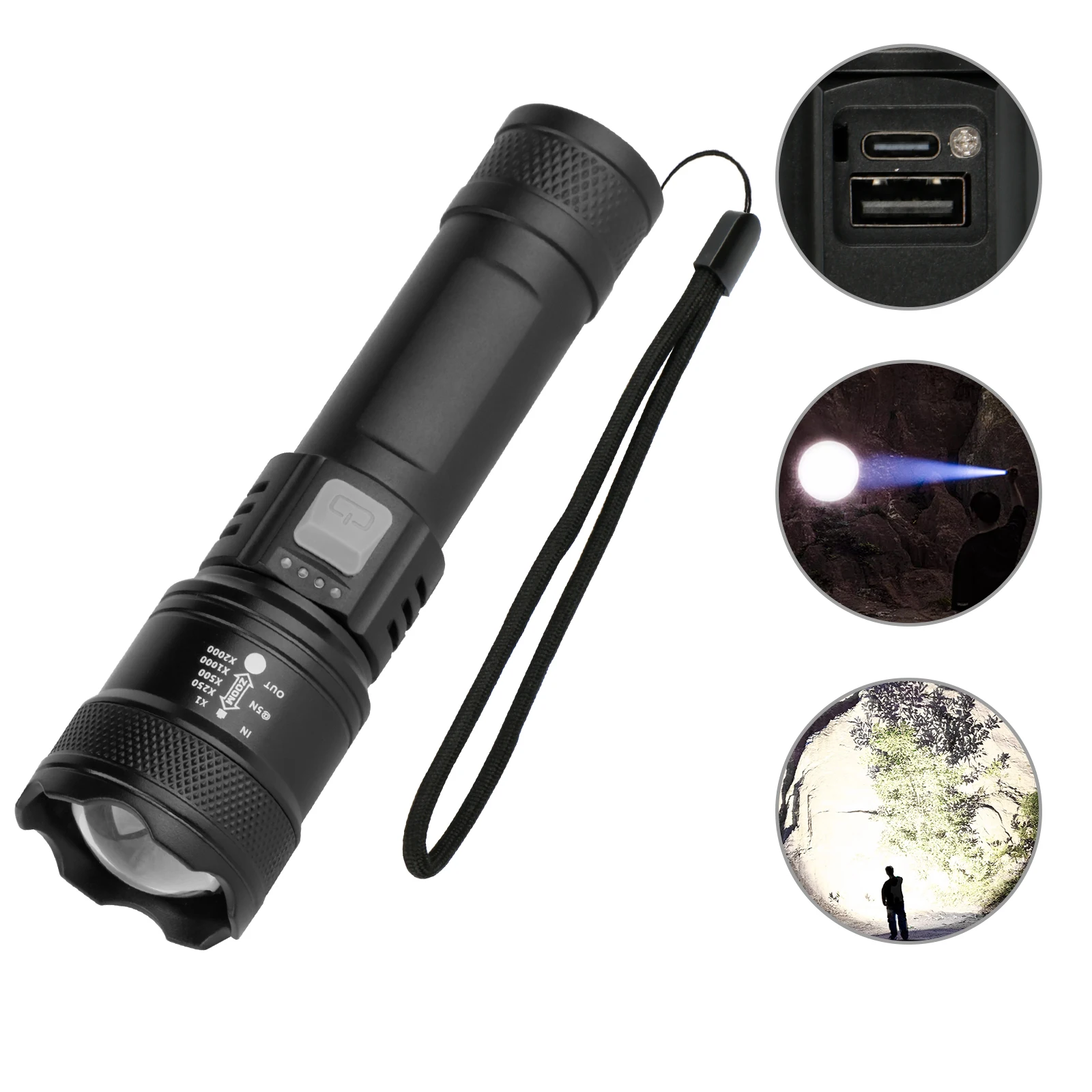 High power LED torch Type-C Charging flashlight Zoomable flash light Power display LED flashlights Long Range hand torch light