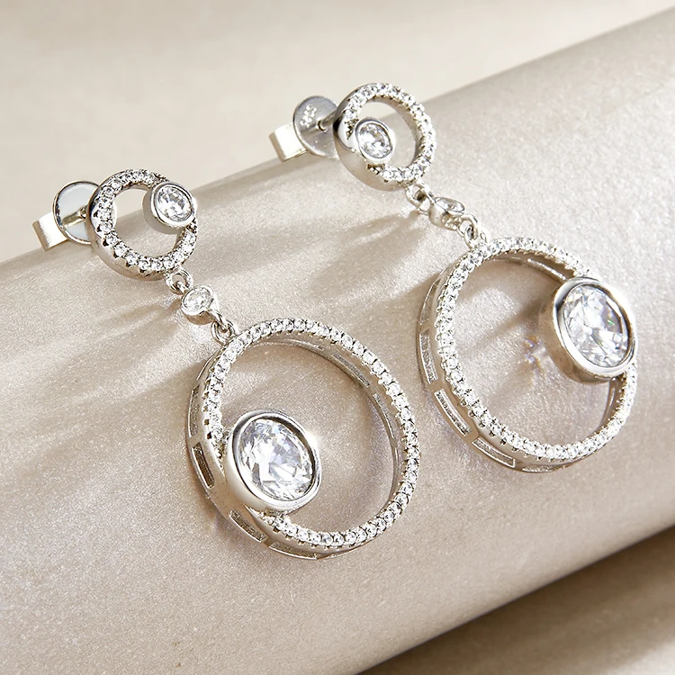 Fashion jewelry earrings 925 sterling silver paved CZ zirconia circle dangle earrings for women