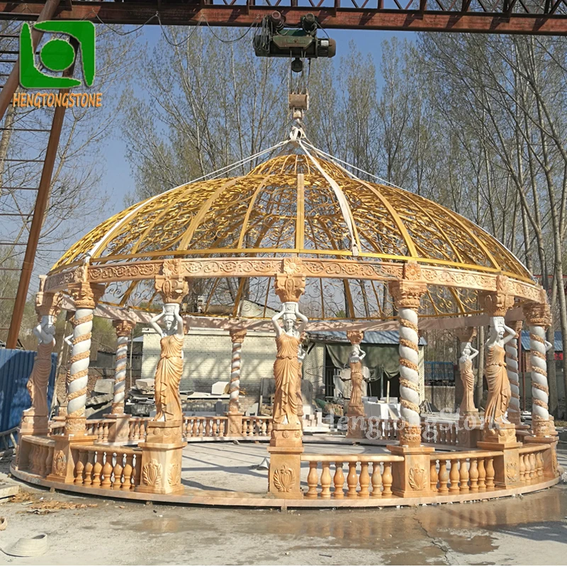 Outdoor Decorative Diameter 10 Meters Natural Marble Carving Round Gazebo With Metal Roof