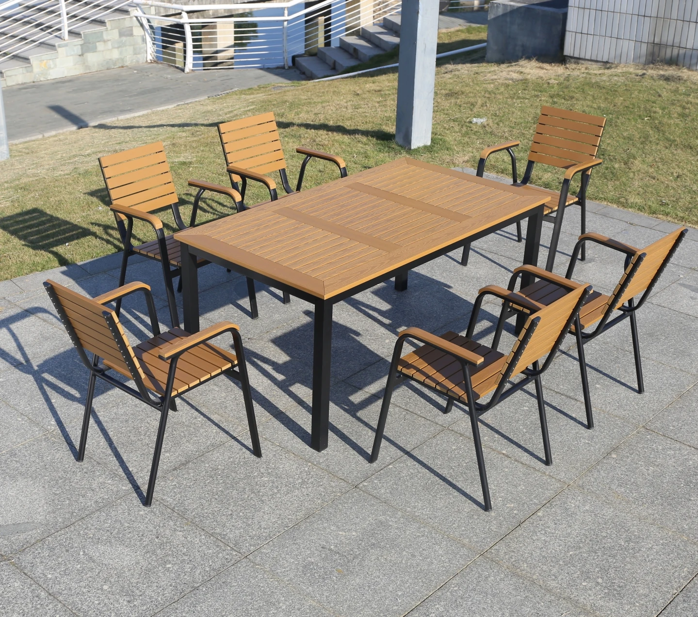 AWT003L China wholesale outdoor furniture plastic wood 160cm long table  with 4 or 6 people for garden patio villa courtyard